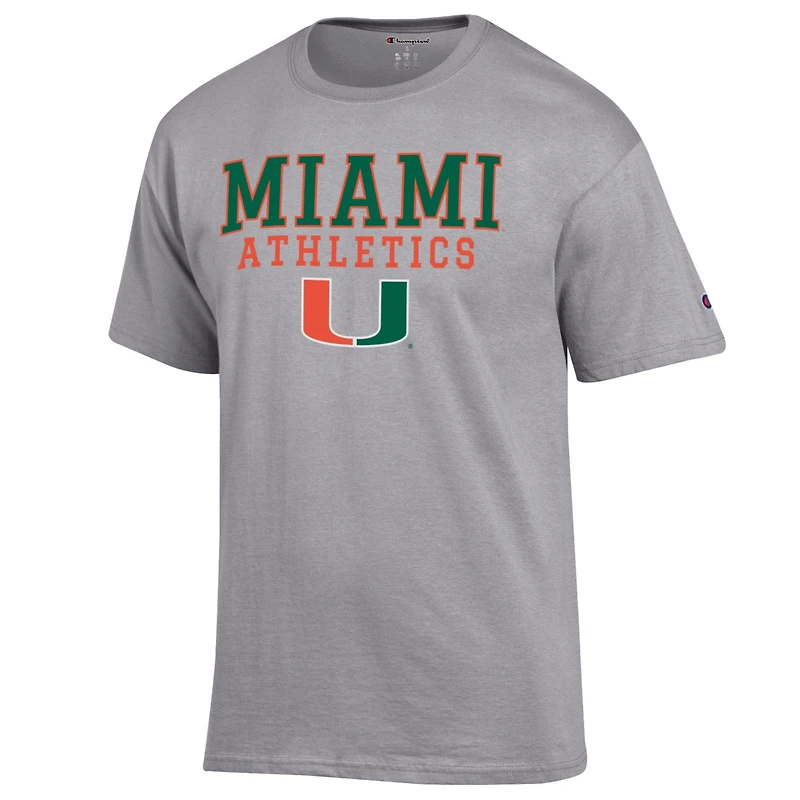 T-shirt gris Champion pour homme avec logo des Miami Hurricanes Athletics