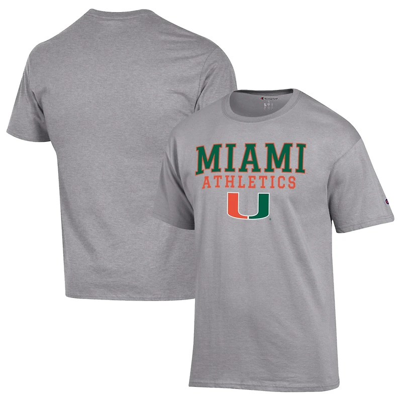 T-shirt gris Champion pour homme avec logo des Miami Hurricanes Athletics