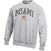 Men's Champion Gray Miami Hurricanes Distressed Arch Over Logo Reverse Weave Crew Neck Sweatshirt