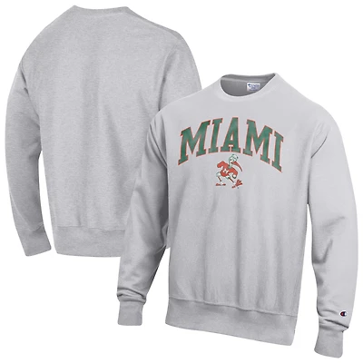 Men's Champion Gray Miami Hurricanes Distressed Arch Over Logo Reverse Weave Crew Neck Sweatshirt