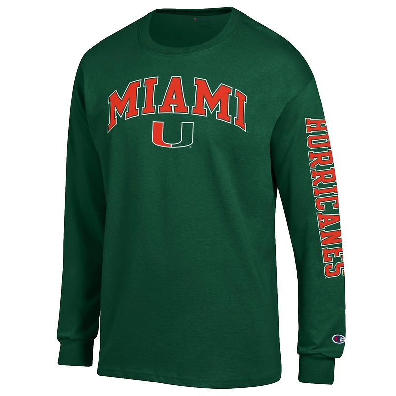 T-shirt à manches longues vert Champion Miami Hurricanes pour homme avec logo Arch Over 2-Hit