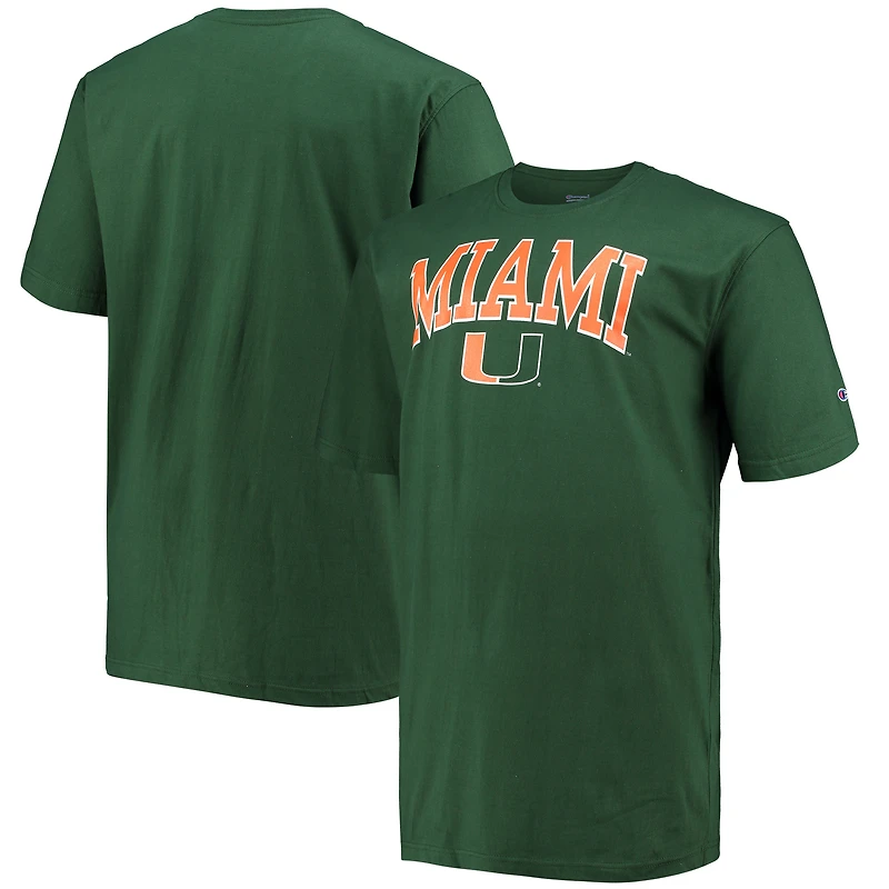 T-shirt Champion vert Miami Hurricanes pour homme, grandes tailles, avec logo en arche.