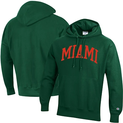 Men's Champion Green Miami Hurricanes Team Arch Reverse Weave Relaxed Fit Pullover Hoodie
