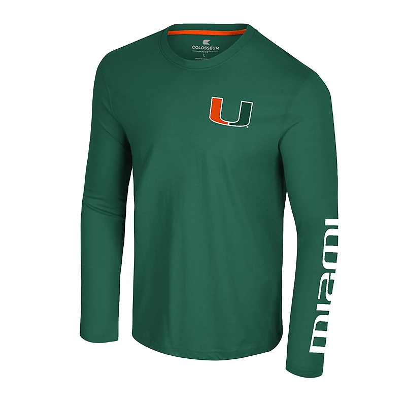 T-shirt à manches longues pour homme, vert Colosseum, logo des Hurricanes de Miami, Lockup 3-Hit Active Blend