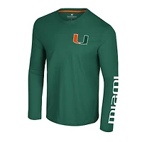 T-shirt à manches longues pour homme, vert Colosseum, logo des Hurricanes de Miami, Lockup 3-Hit Active Blend