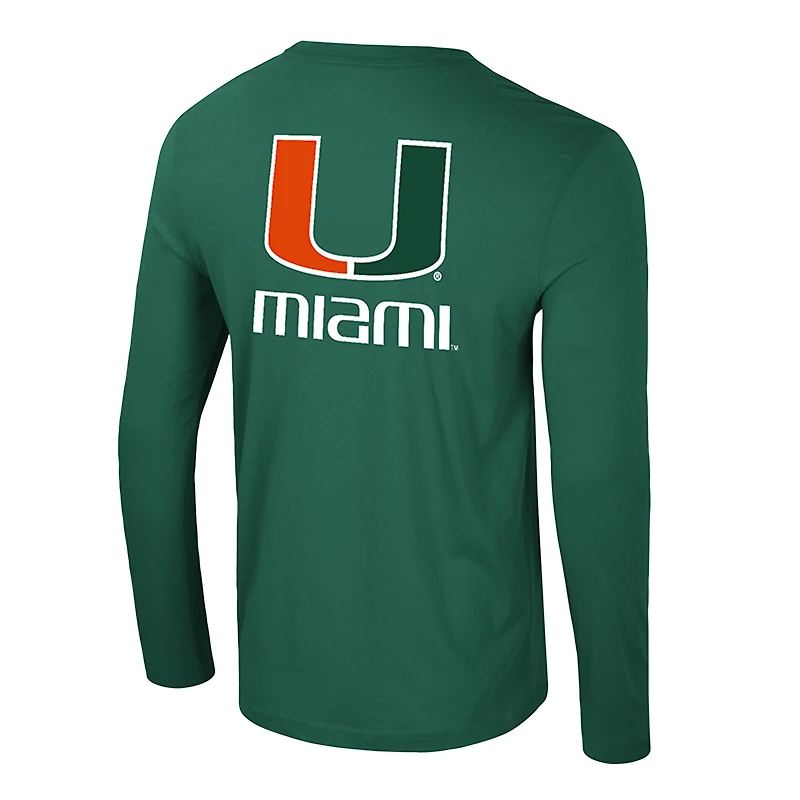 T-shirt à manches longues pour homme, vert Colosseum, logo des Hurricanes de Miami, Lockup 3-Hit Active Blend