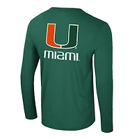 T-shirt à manches longues pour homme, vert Colosseum, logo des Hurricanes de Miami, Lockup 3-Hit Active Blend