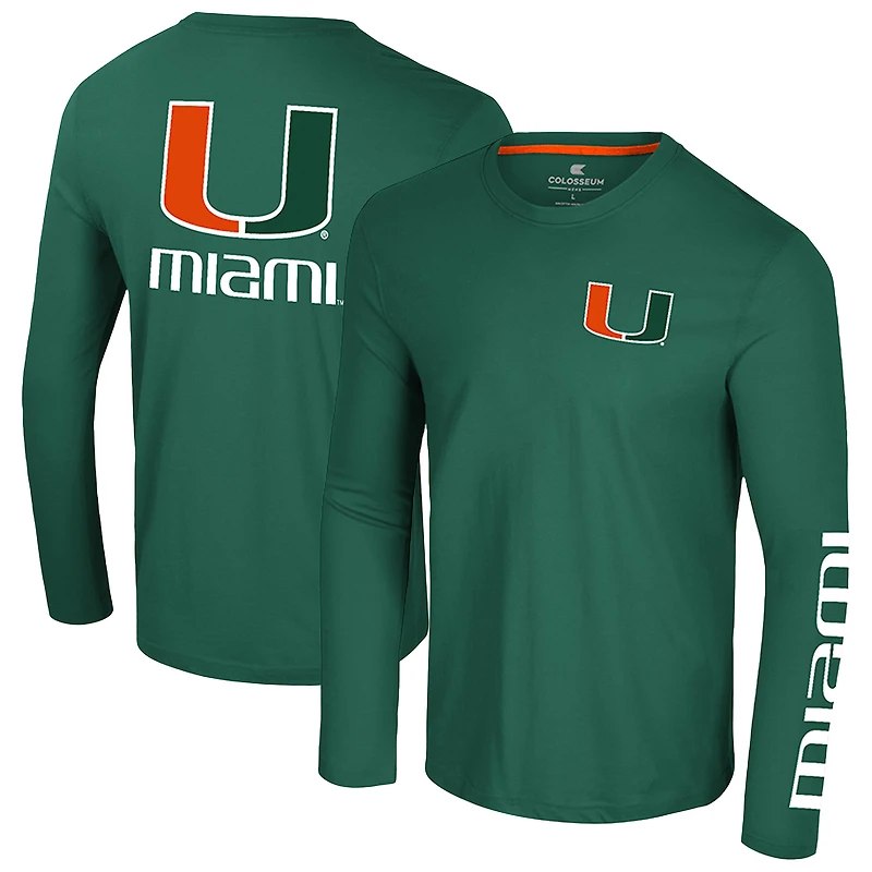 T-shirt à manches longues pour homme, vert Colosseum, logo des Hurricanes de Miami, Lockup 3-Hit Active Blend