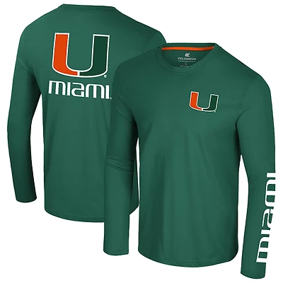 T-shirt à manches longues pour homme, vert Colosseum, logo des Hurricanes de Miami, Lockup 3-Hit Active Blend