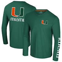 T-shirt à manches longues pour homme, vert Colosseum, logo des Hurricanes de Miami, Lockup 3-Hit Active Blend