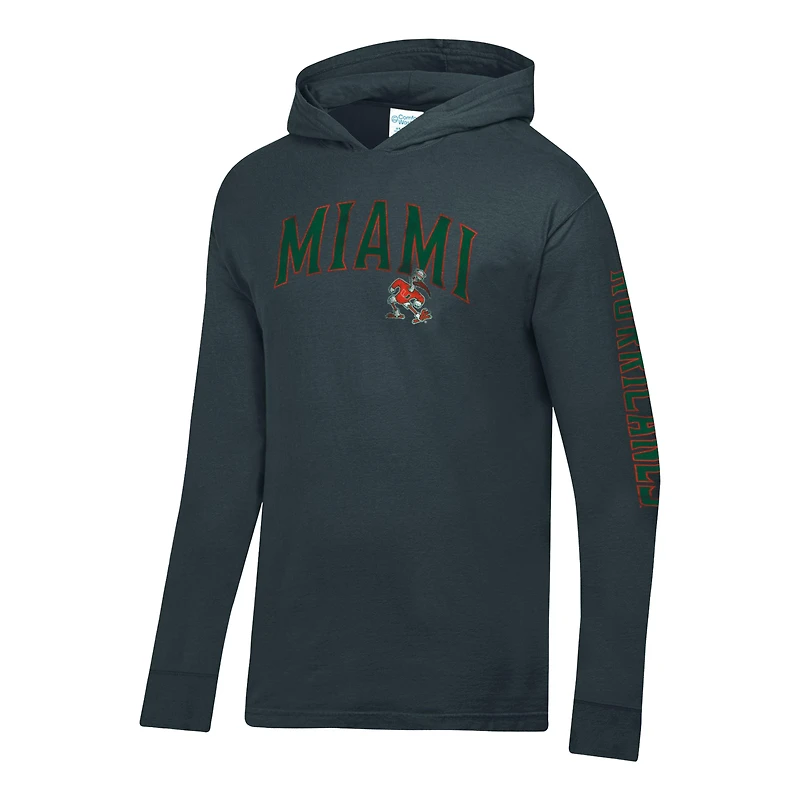 Men's ComfortWash Charcoal Miami Hurricanes Long Sleeve Hooded T-Shirt