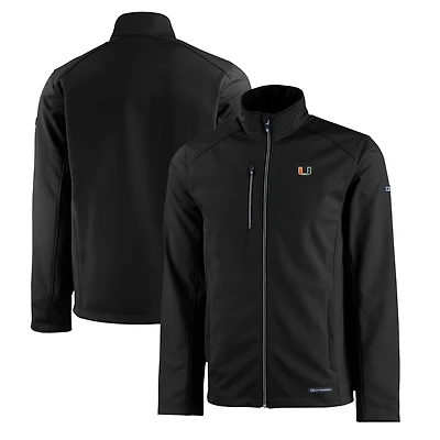 Veste Cutter & Buck Evoke Eco Softshell recyclée pour homme, noire, Miami Hurricanes, fermeture éclair intégrale