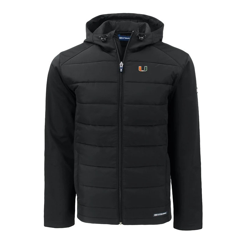 Veste à capuche zippée intégrale Cutter & Buck Evoke Hybrid Eco Softshell recyclée pour homme, noire, Miami Hurricanes