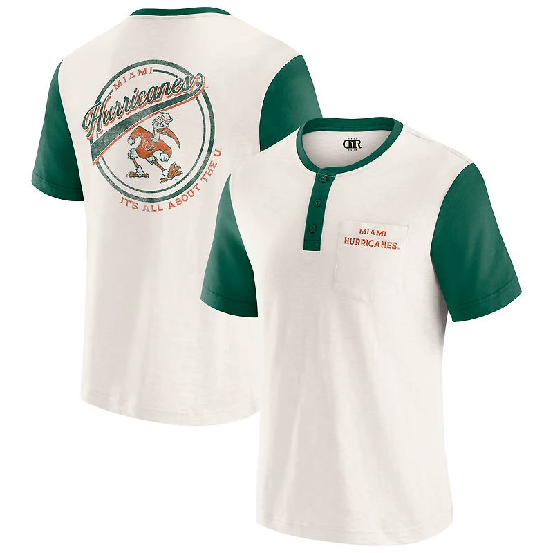 T-shirt Henley à blocs de couleurs crème/vert pour homme la collection Darius Rucker par Fanatics, Miami Hurricanes