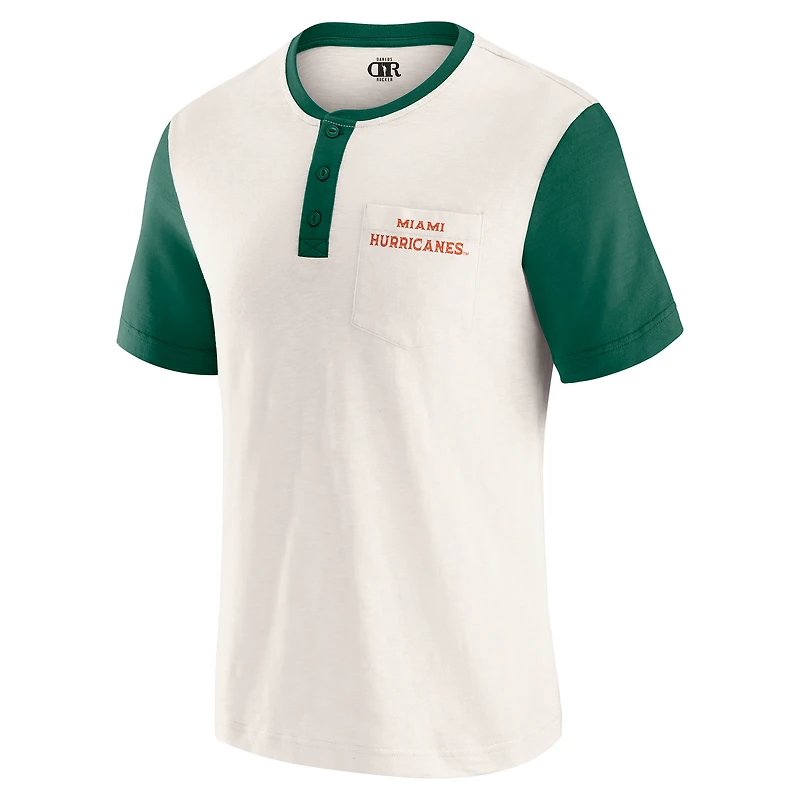 T-shirt Henley à blocs de couleurs crème/vert pour homme la collection Darius Rucker par Fanatics, Miami Hurricanes
