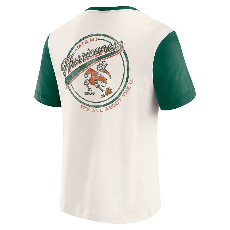 T-shirt Henley à blocs de couleurs crème/vert pour homme la collection Darius Rucker par Fanatics, Miami Hurricanes