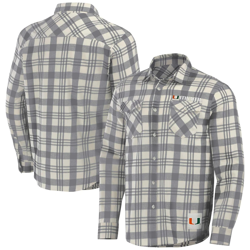 Men's Darius Rucker Collection by Fanatics Gray/Natural Miami Hurricanes Plaid Flannel Long Sleeve Button-Up Shirt