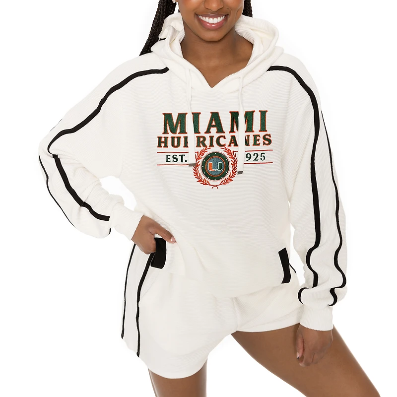 Men's Gameday Couture Cream Miami Hurricanes Down, Set, Go Hoodie and Shorts Lounge Set