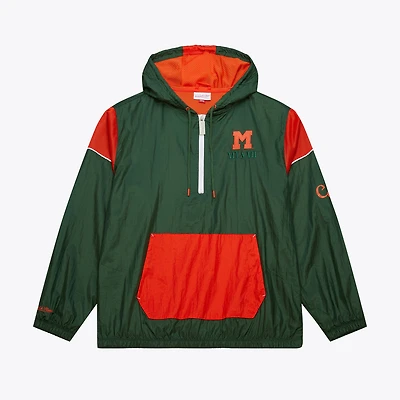 Men's Mitchell & Ness Green Miami Hurricanes Anorak Vintage Logo Half-Zip Hoodie Jacket