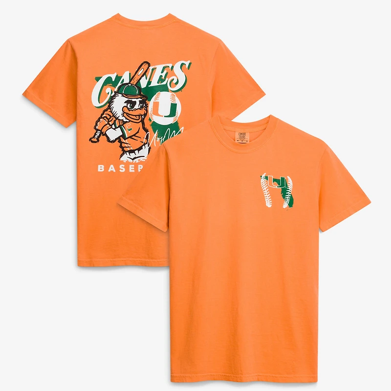 Men's Orange Miami Hurricanes Drawn Mascot Baseball T-Shirt