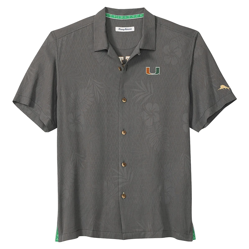 Men's Tommy Bahama Gray Miami Hurricanes Catch of the Day Camp IslandZone Button-Up Shirt
