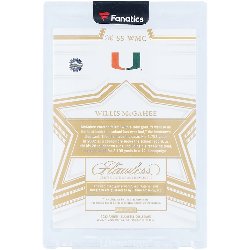 Willis McGahee Miami Hurricanes Autographed 2022 Panini Flawless Collegiate Tri-Color Game Used Relic Jersey Number #SS-WMC #2/8 Card with "Jersey Number" Inscription