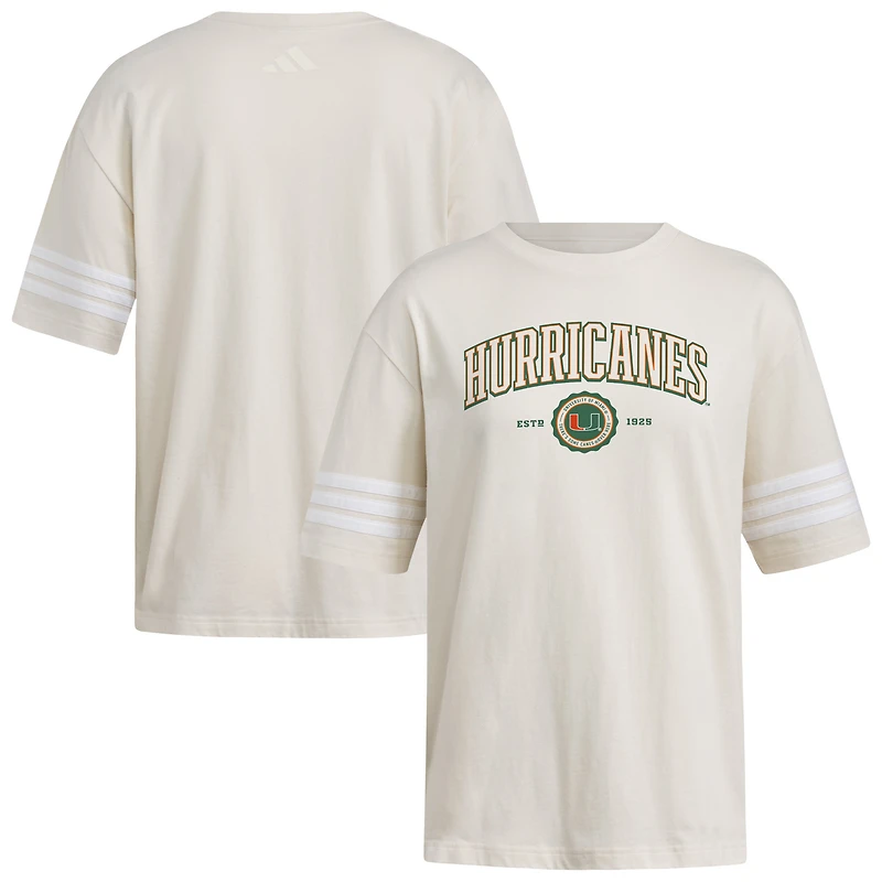 Women's adidas Cream Miami Hurricanes Fashion Three-Stripes Oversized T-Shirt