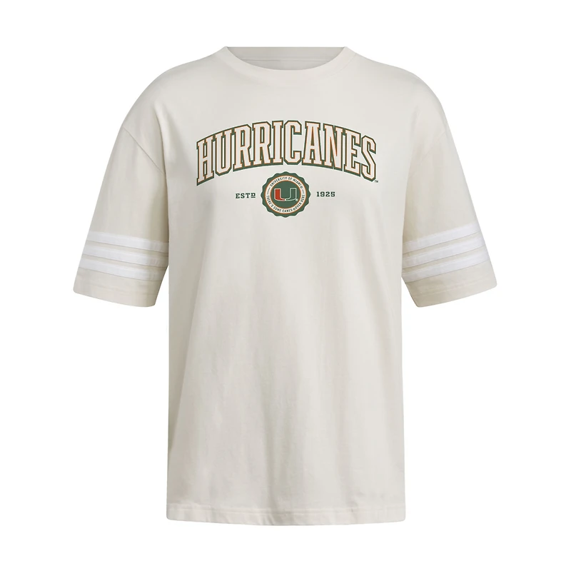Women's adidas Cream Miami Hurricanes Fashion Three-Stripes Oversized T-Shirt
