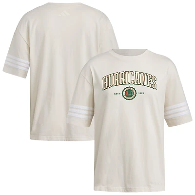 Women's adidas Cream Miami Hurricanes Fashion Three-Stripes Oversized T-Shirt