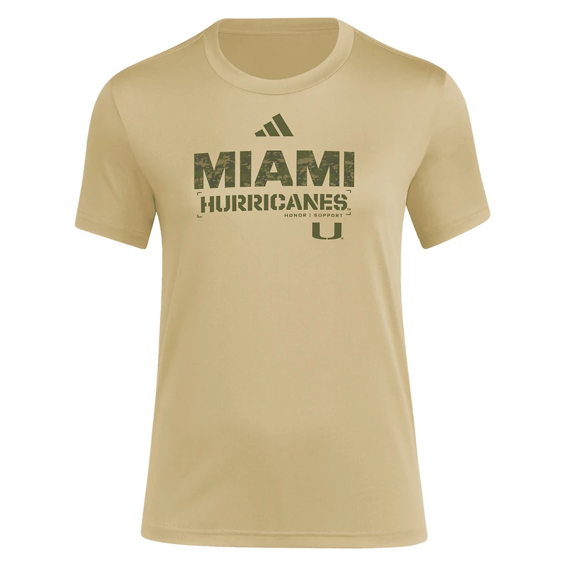 Women's adidas Tan Miami Hurricanes Salute to Service AEROREADY T-Shirt