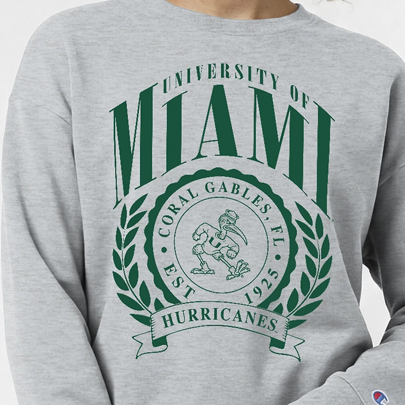 Women's Champion Heather Gray Miami Hurricanes Academic Crest Powerblend Crewneck Sweatshirt