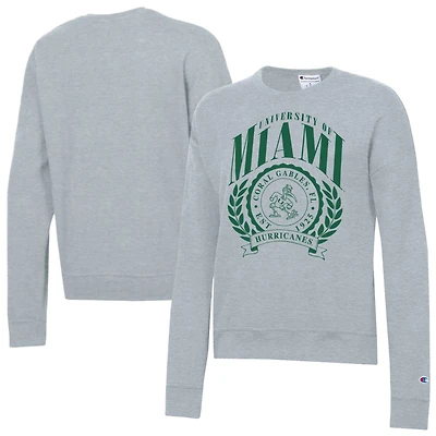 Women's Champion Heather Gray Miami Hurricanes Academic Crest Powerblend Crewneck Sweatshirt
