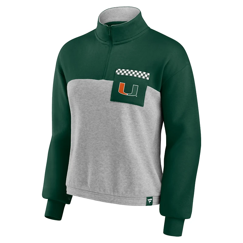veste Fanatics pour femmes, vert/gris chiné, Miami Hurricanes Sideline to Sideline, à quart de zip color block