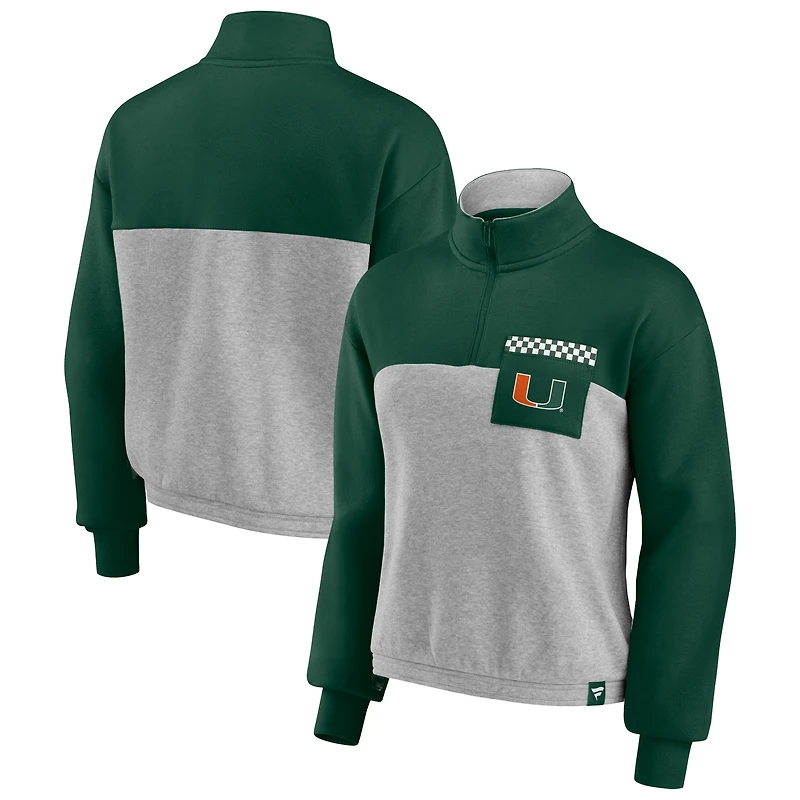 veste Fanatics pour femmes, vert/gris chiné, Miami Hurricanes Sideline to Sideline, à quart de zip color block