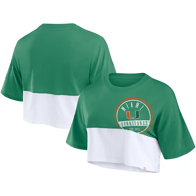 Women's Fanatics Green/White Miami Hurricanes Oversized Badge Colorblock Cropped T-Shirt