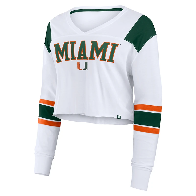 Haut court à manches longues et col en V pour femme Fanatics White Miami Hurricanes Training Camp