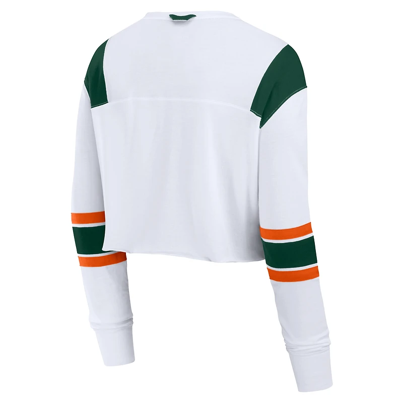 Haut court à manches longues et col en V pour femme Fanatics White Miami Hurricanes Training Camp