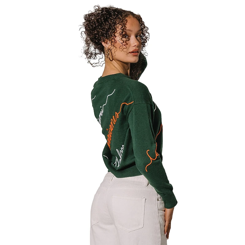 Women's Green Miami Hurricanes Love Note Embroidered Pullover Sweater