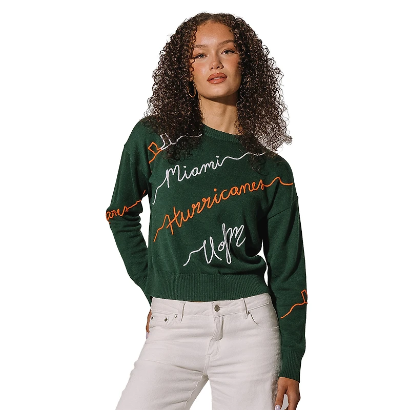 Pull brodé vert pour femme avec inscription « Love Note » des Hurricanes de Miami