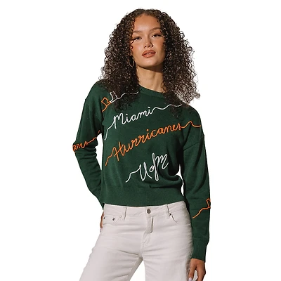 Pull brodé vert pour femme avec inscription « Love Note » des Hurricanes de Miami