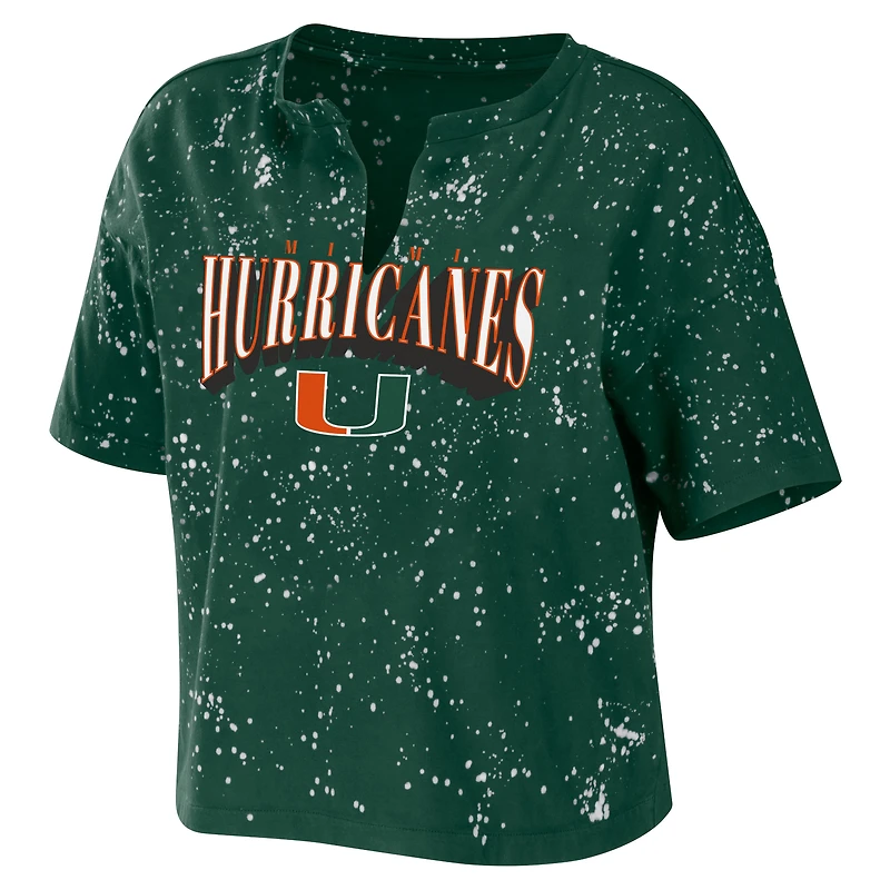 Women's WEAR by Erin Andrews Green Miami Hurricanes Bleach Wash Splatter Cropped Notch Neck T-Shirt
