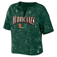 Women's WEAR by Erin Andrews Green Miami Hurricanes Bleach Wash Splatter Cropped Notch Neck T-Shirt