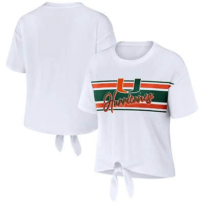 WEAR by Erin Andrews - T-shirt court rayé blanc avec nœud sur le devant Miami Hurricanes