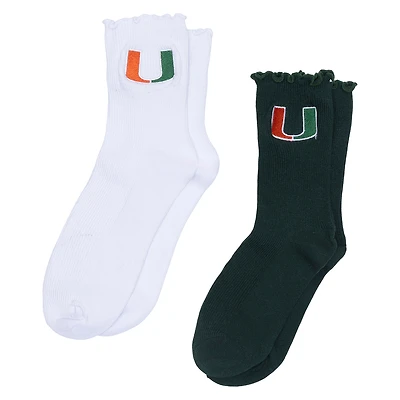 Women's ZooZatz White/Black Miami Hurricanes Two-Pack Lettuce Hem Crew Socks