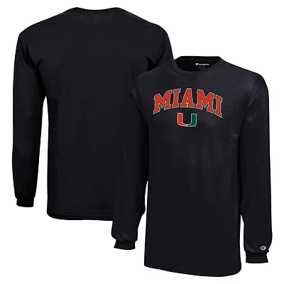 T-shirt noir à manches longues avec logo en forme d'arche des Hurricanes de Miami Champion pour jeunes