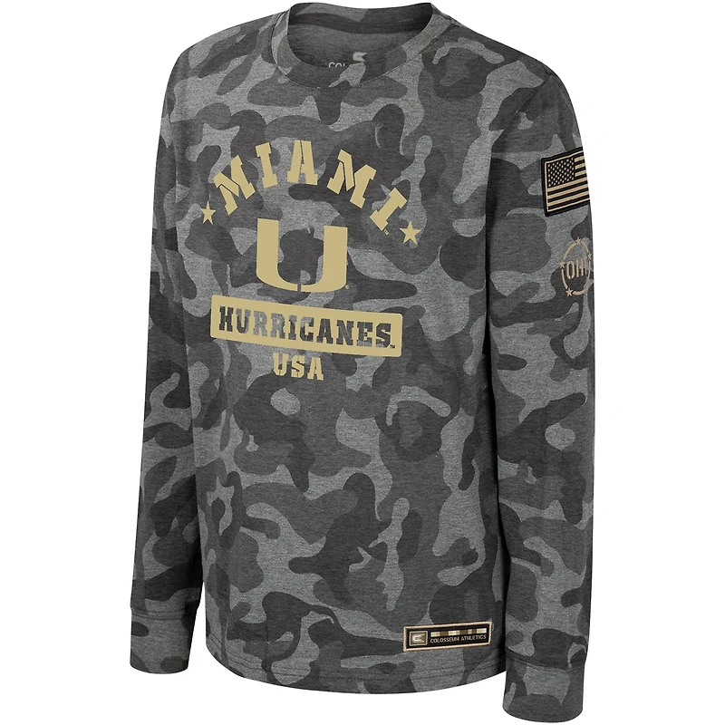 T-shirt à manches longues pour jeunes Colosseum Camo Miami Hurricanes OHT Appréciation militaire Dark Star