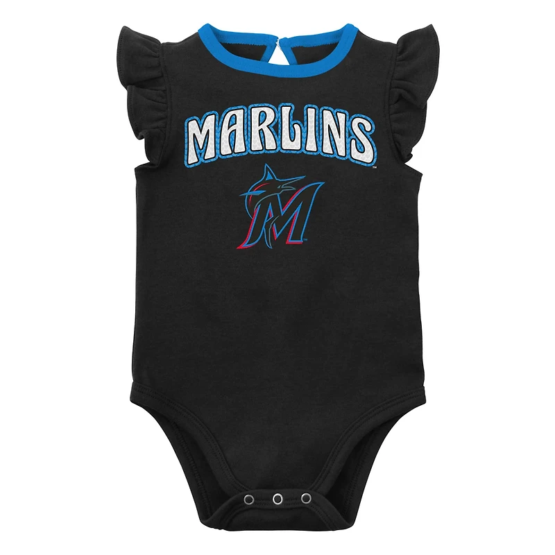 Lot de deux bodys Miami Marlins Little Fan noirs/gris chinés pour nouveau-nés et bébés filles