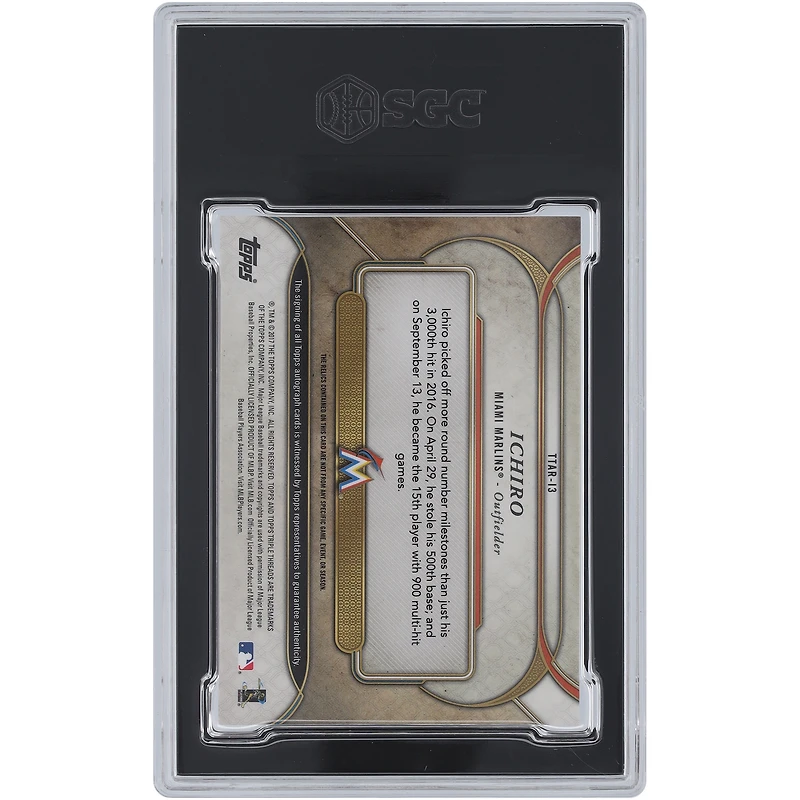 Carte relique triple tricolore Topps Triple Threads 2017 autographiée par Ichiro Suzuki des Miami Marlins #TTAR-13 #14/18 SGC authentifiée 9,5/10