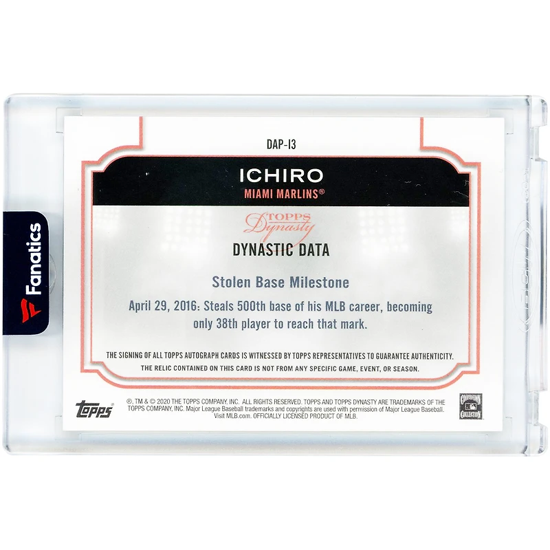 Ichiro Suzuki Miami Marlins Autographed 2020 Topps Dynasty Quad-Color Game Used Relic #DAP-13 #1/10 Card