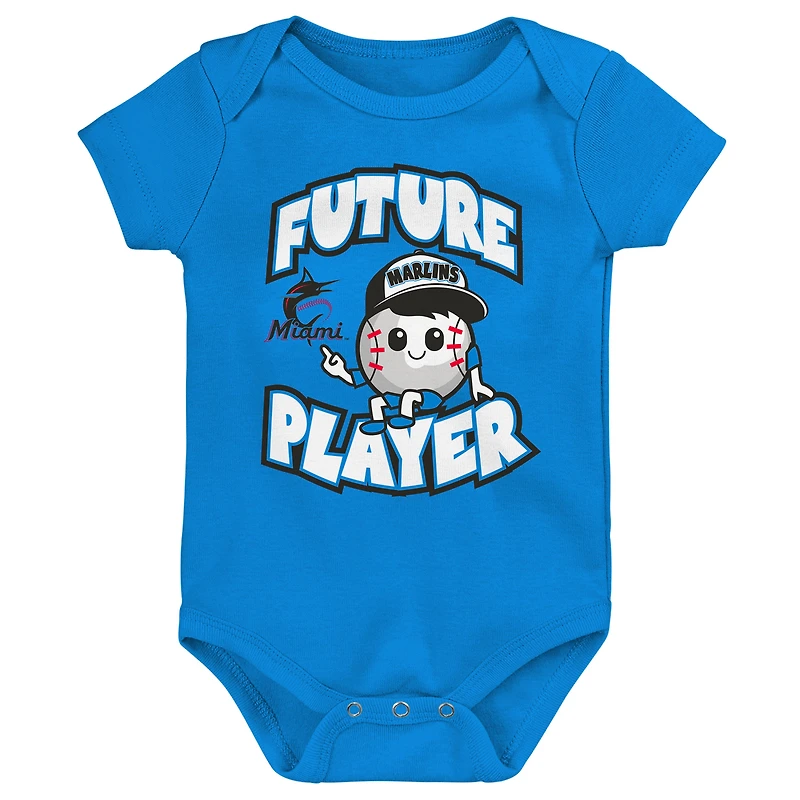 Lot de trois bodys pour bébés Miami Marlins Minor League Player bleu/noir/blanc